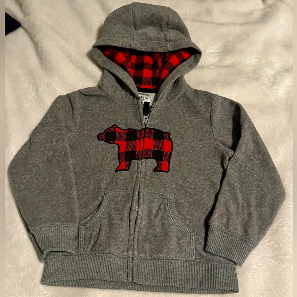 Carter’s Hoodie gray with Red Plaid Bear Design